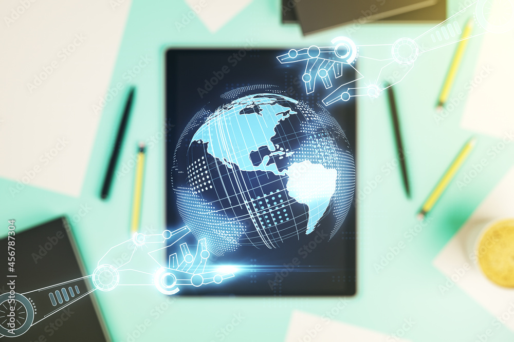 Aufkleber double exposure of robotics technology with world map hologram and digital tablet on background, top
