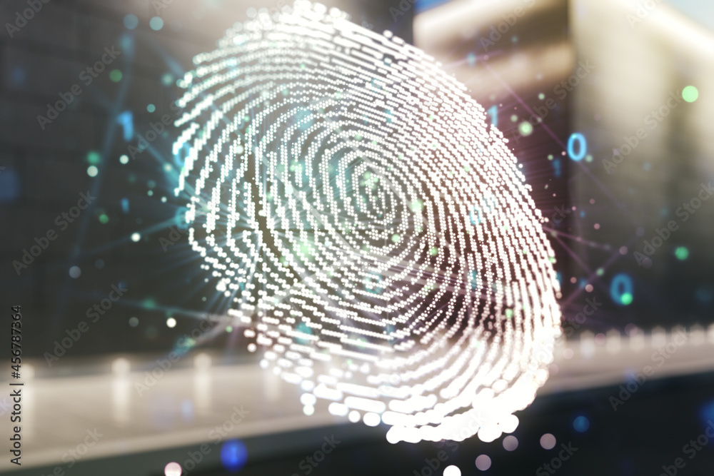 Fototapete Multi exposure of virtual graphic fingerprint sketch on blurry contemporary office building background, fingerprint scan data concept