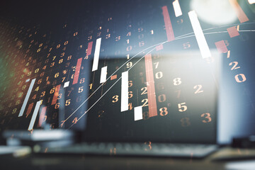 Double exposure of abstract creative financial chart on modern laptop background, research and strategy concept