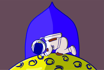 astronaut character praying on the moon premium vector