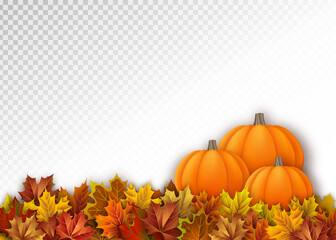 Naklejka na ściany i meble Autumn Pumpkins with Fall Maple Leaves. Seasonal Vector Border
