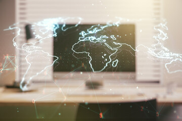 Multi exposure of abstract creative digital world map on modern laptop background, tourism and traveling concept concept