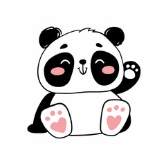 Cute panda smiles and waves his paw hello. Vector illustration, funny animal print.