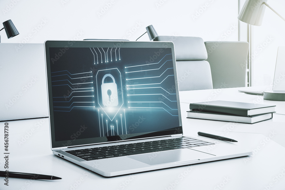 Poster Modern computer monitor with creative lock hologram and chip. Information security concept. 3D Rendering