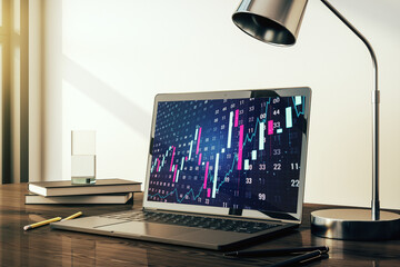 Modern computer monitor with abstract creative financial chart, research and strategy concept. 3D Rendering