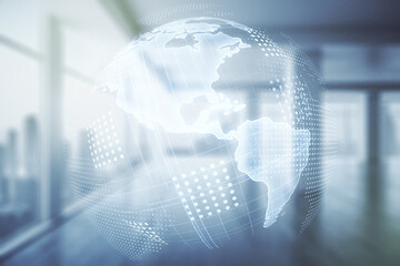 Double exposure of graphic America map hologram on empty room interior background, big data and digital technology concept