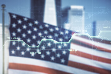 Multi exposure of stats data illustration on USA flag and blurry cityscape background, computing and analytics concept