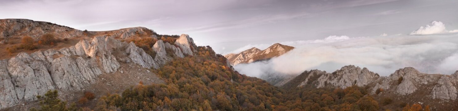 Autumn panorama of Small Gates (Malye Vorota) mountain pass and Karabi yayla, Crimea