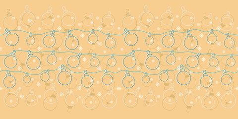 Blue, orange and off-white hanging Christmas balls with snowflakes, horizontal Border. Playful seamless vector illustration for wrapping paper, postcards, posters, holiday decorations and gift boxes.