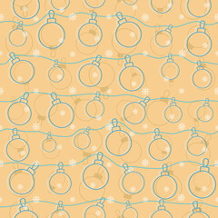 Blue, orange and off-white hanging Christmas balls with snowflakes. Playful seamless vector illustration for wrapping paper, postcards, posters, holiday decorations, gift boxes and phone cases.