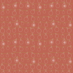 Cute seamless vector pattern with little white Christmas balls hanging on green strings with snow flakes on red background. Minimal geometric Vector Illustration for greeting cards and wrapping paper.