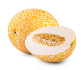 Ripe juicy melon and melon slices isolated on white background. Fresh fruits.