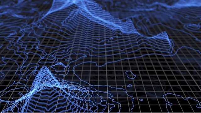 Fly over 3D glowing topographical map. Technological geographica big data futuristic concept.