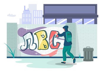 Obraz premium Graffiti art artist teenager wearing hoodie painting wall with paint spray, vector illustration. Street art concept.