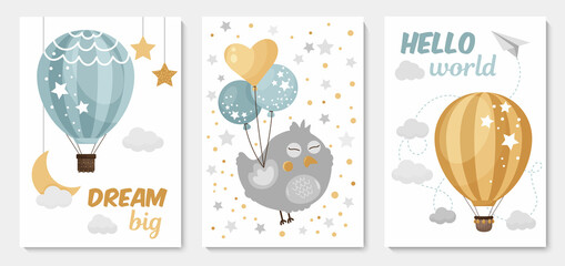 Set of cute posters with hot balloon, bird with balloons, stars, moon, paper plane. Big dream and hello world. Vector prints for baby's room © HelenArt