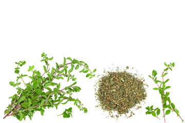 Oregano or marjoram leaves fresh and dry isolated on white background. Top view with copy space for your text. Flat lay
