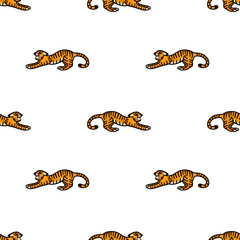 Vector pattern with a snarling tiger in cartoon style on a white background. Tiger illustrations for T-shirts, postcards, posters, fabrics, pajamas