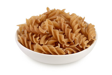 Wolegrain fusilli pasta from durum wheat in bowl isolated on white background with clipping path and full depth of field.