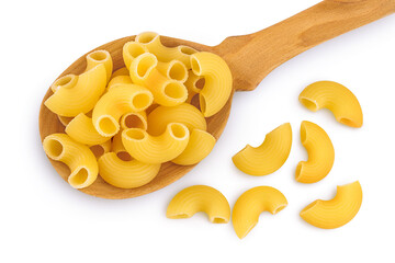 raw macaroni pasta in wooden spoon isolated on white background with clipping path and full depth...