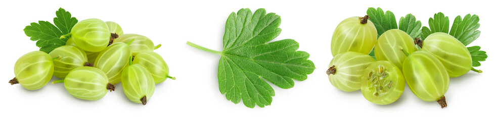 Fototapeta premium Green gooseberry isolated on white background. Set or collection