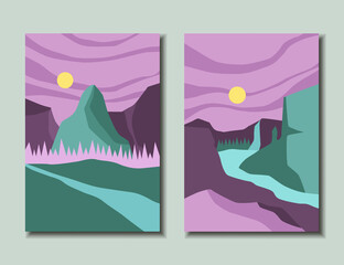 Set of bright posters with a landscape. Vector illustration.