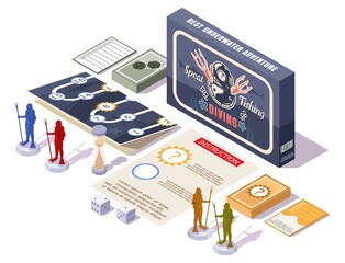 Spear Fishing board game, flat vector isometric illustration. Diving table game pieces or components. © Siberian Art