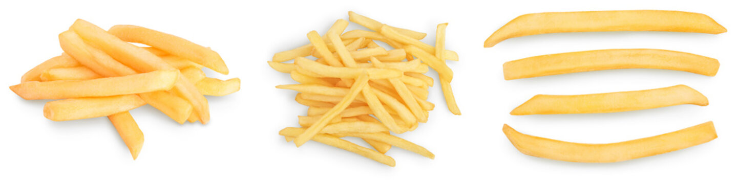 French fries or fried potatoes isolated on white background. Set or collection