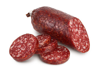 Smoked sausage salami with slices isolated on white background with clipping path and full depth of field