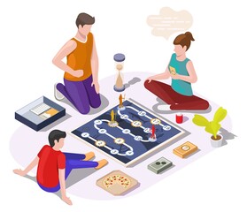 Happy family with kid playing board game sitting on the floor, vector isometric illustration. Home leisure activities.