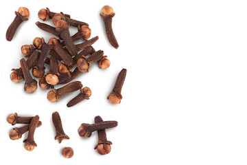 Dry spice cloves isolated on white background. Top view with copy space for your text. Flat lay