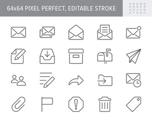Mail line icons. Vector illustration include icon - postbox, label, letter, email, envelope, spam, document attachment outline pictogram for postal service. 64x64 Pixel Perfect, Editable Stroke