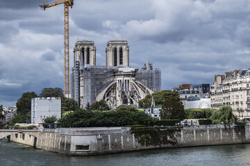 Notre Dame de Paris after fire. Reinforcement work in progress after the fire, to prevent the...