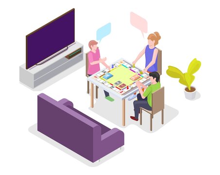 Happy kids playing board game sitting at the table, flat vector isometric illustration. Home leisure activities.