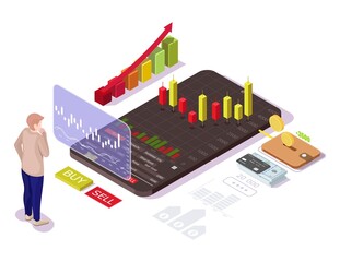 Businessman investing in stock market, flat vector isometric illustration. Mobile stock trading concept.