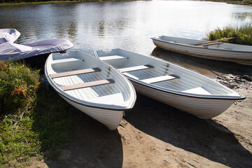 Boats at the boat station.Boat rental on the lake.