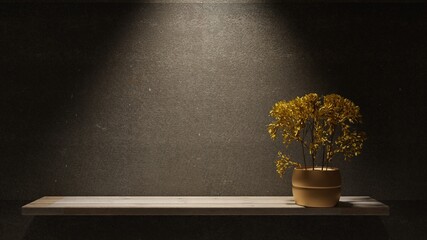 Shelf with a dry flower in night interior. Spotlight from a top. Cement wall background. 3D rendering.