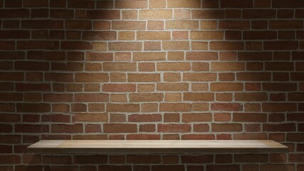 Brick wall with a wooden shelf in a night interior. Spotlight for object presentation. 3D rendering.