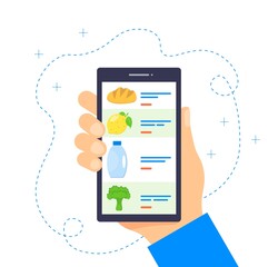 Order grocery online. Buying groceries online using a mobile app. Food delivery concept. Ordering food using a smartphone. Isolated illustration on a white background.