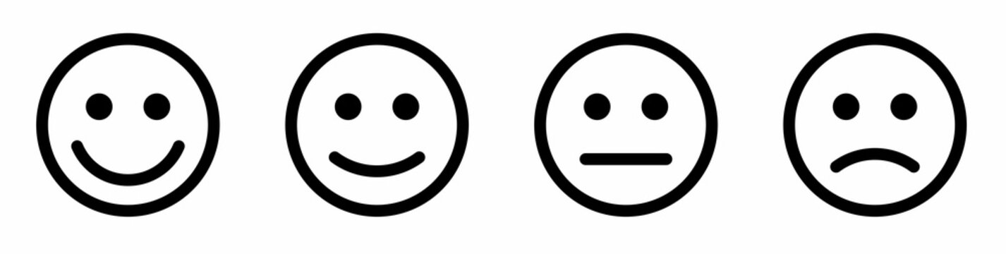 Face smile icon positive, negative neutral. Emoji icons for rate of satisfaction level. Happy and sad emoji smiley faces line art vector icon for apps and websites. Vectorv illustration.