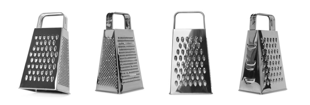 Stainless steel graters on white background, collage. Banner design