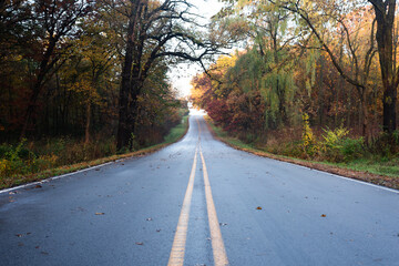 Middle of the a road in the fall.