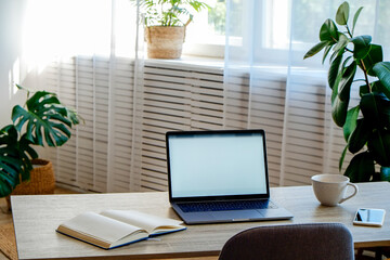 Blank screen laptop, cell phone and a cup on wooden table. Cozy lofty office with decorative palm plants full of natural sunlight. Close up, copy space, background.