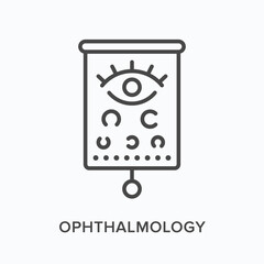 Ophthalmology flat line icon. Vector outline illustration of optometry examination. Black thin linear pictogram for eye medical test