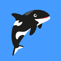 Orca. Killer whale cartoon vector illustration isolated on blue background.