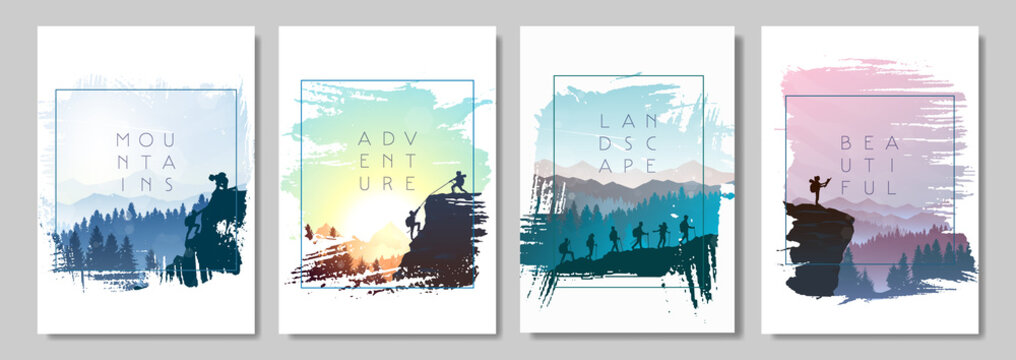 Travel concept of discovering, exploring, observing nature. Hiking. Adventure tourism. Man watches nature, climbing to top, friends going hike,  support of friends. Landscapes set. Vector illustration