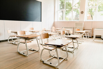 Empty modern classroom at school university college. Lockdown quarantine pandemic Covid19 coronavirus concept. School is closed.