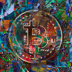 colorful bitcoin with bright paint splatters on background, cryptocurrency concept 