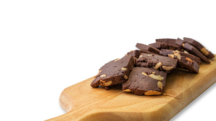 chocolate cookies browny on wooden plate isolated on white background.