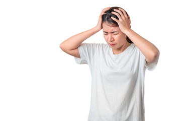 Asian woman wear white t-shirt feeling sick have headache with migraine headaches isolate on white background, With clipping path.