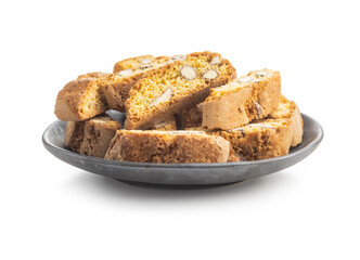 Italian cantuccini cookies on plate. Sweet dried biscuits with almonds.